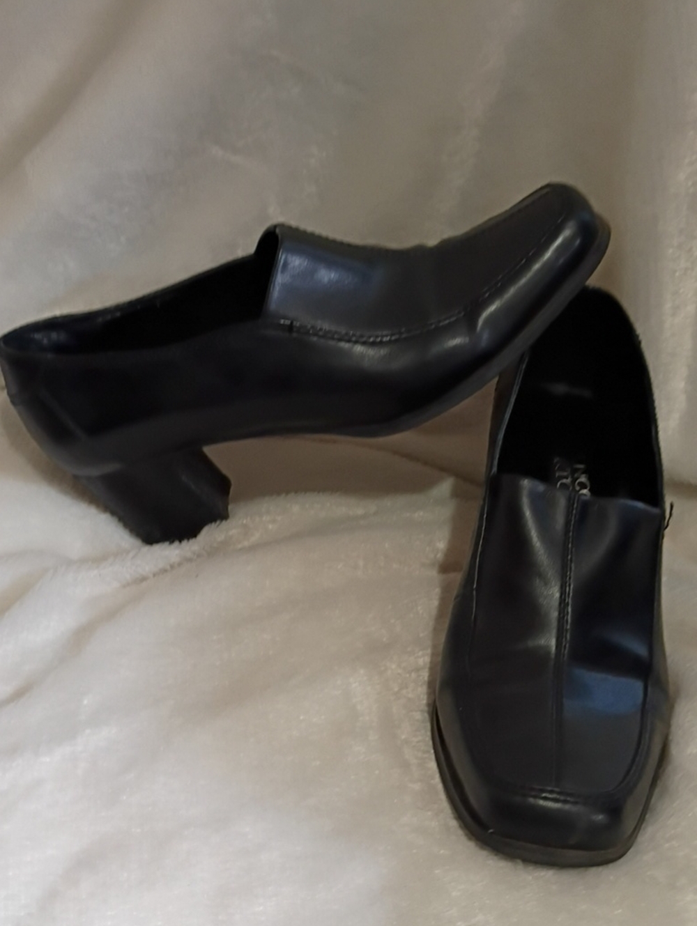 Franco Sarto Black Leather Block Heel Loafers